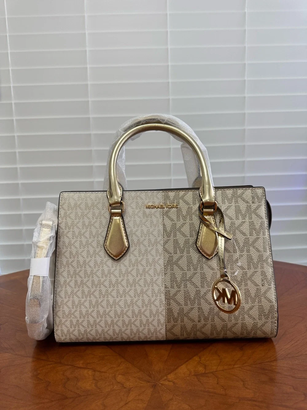 Michael Kors Two-Tone Beige Logo Satchel with Gold Hardware